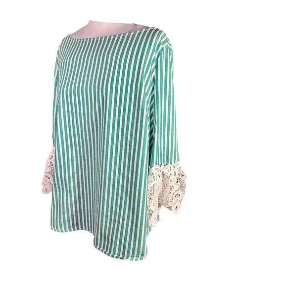 Liz Claiborne Green & White Striped Blouse W/ Lace Cuff Detail M Cotton Blend - Picture 8 of 9